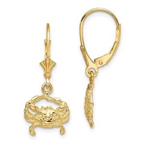 Million Charms 14k Yellow Gold 2-D Blue Crab Leverback Earrings